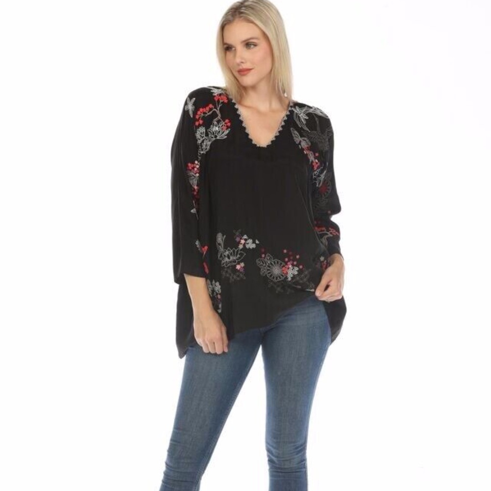 JOHNNY WAS LUCIANA EMBROIDERED BLACK V-NECK TUNIC SIZE M $230